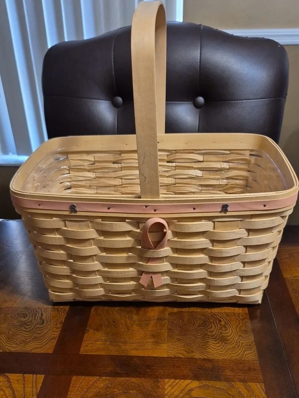 Longaberger Natural Wood Basket with Pink Trim and Ribbon